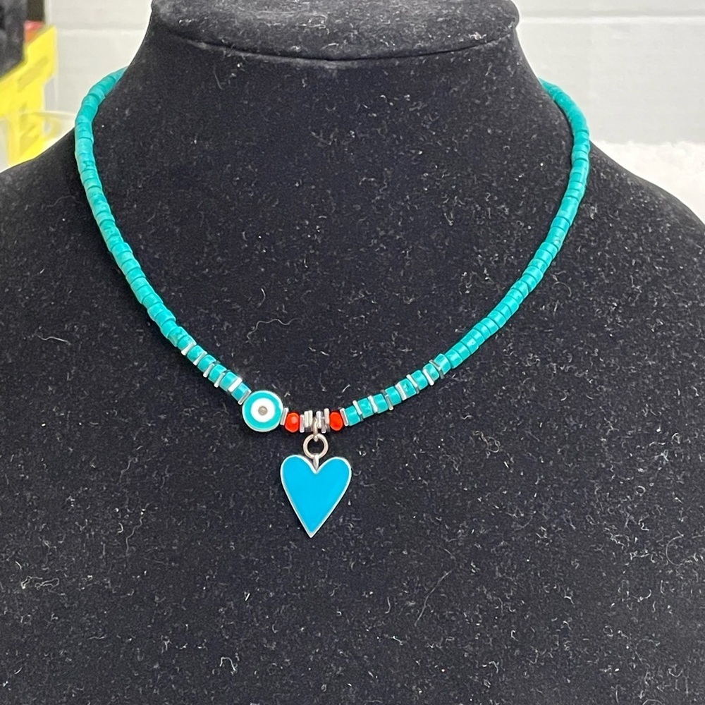 Sterling Silver and Turquoise Heart and Evil Eye necklace